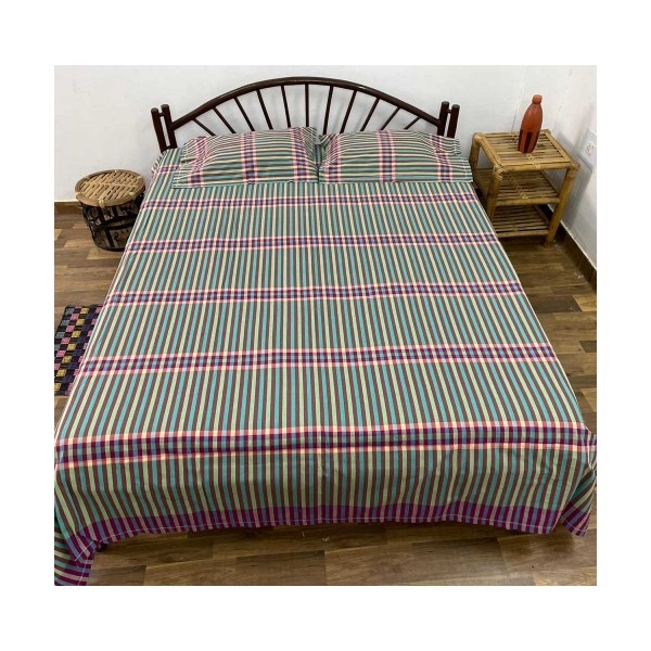 Handwoven Cotton Striped Double Bedsheet with Pillow Cover