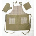 Apron-Khaki with stripes handwoven cotton fabric set of apron, oven mitten and pot holder-Apronset-17