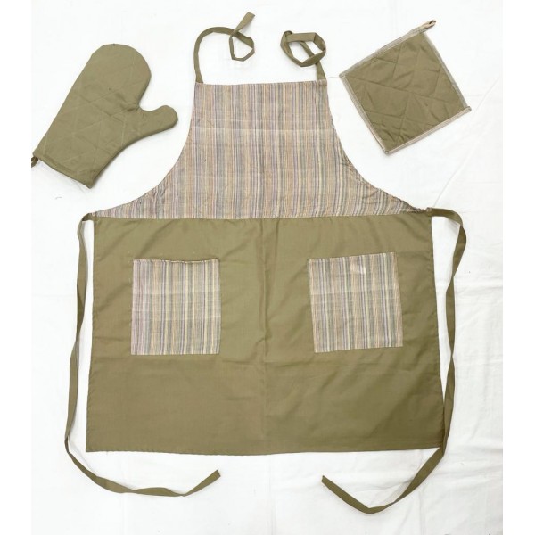 Apron-Khaki with stripes handwoven cotton fabric set of apron, oven mitten and pot holder-Apronset-17