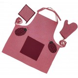 Maroon bug patch handwoven cotton fabric set of apron, oven mitten and pot holder
