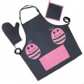 Pink bug patch handwoven cotton fabric set of apron, oven mitten and pot holder