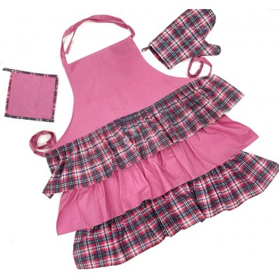 Pink with frill checks handwoven cotton fabric set of apron, oven mitten and pot holder