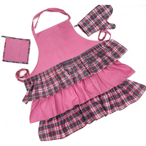 Pink with frill checks handwoven cotton fabric set of apron, oven mitten and pot holder