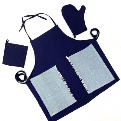 Navy blue handwoven cotton fabric set of apron, oven mitten and pot holder