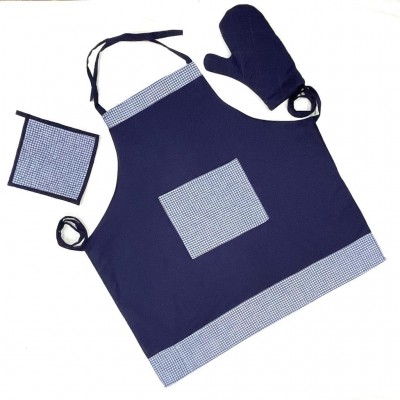 Navy blue with checks handwoven cotton fabric set of apron, oven mitten and pot holder