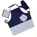 Navy blue with stripes handwoven cotton fabric set of apron, oven mitten and pot holders