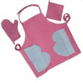 Pink handwoven cotton fabric set of apron, oven mitten and pot holders