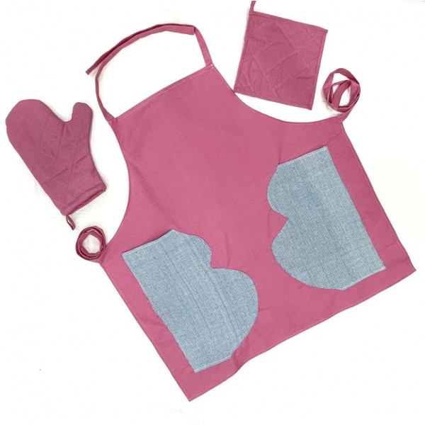 Pink handwoven cotton fabric set of apron, oven mitten and pot holders