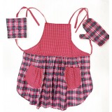 Red and blue checks handwoven fabric set of apron, oven mitten and pot holder