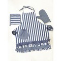 White with blue striped handwoven fabric set of apron, oven mitten and pot holders