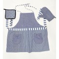 Blue and white checks handwoven fabric set of apron, oven mitten and pot holderss