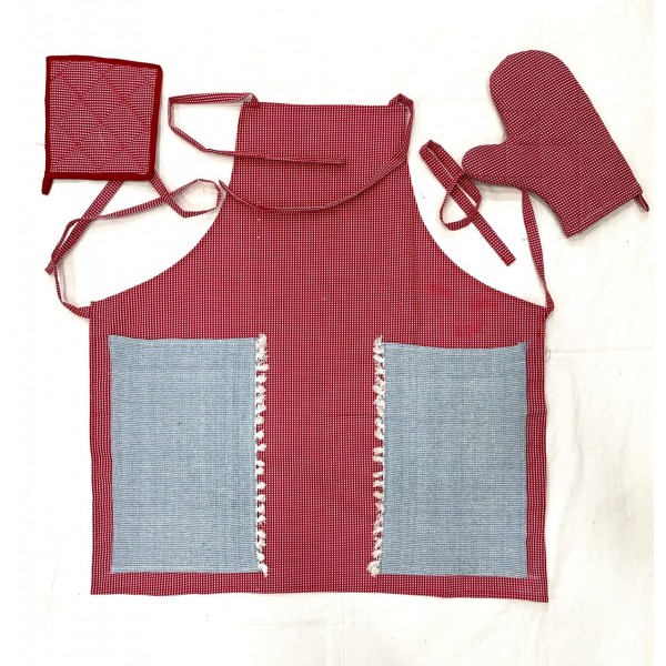 Red and white checks handwoven fabric set of apron, oven mitten and pot holder