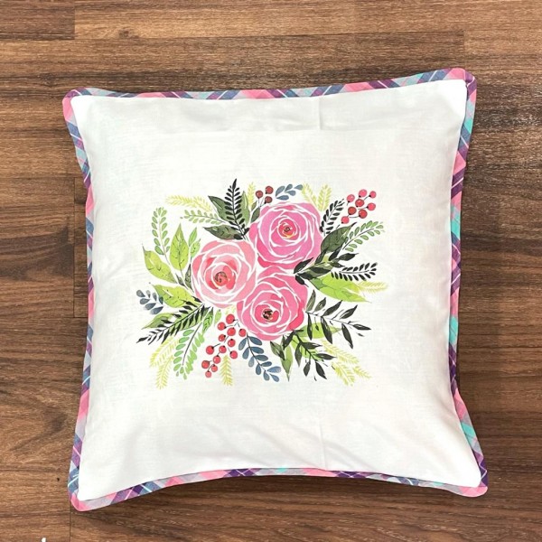 White flower motif handwoven cotton sublimation printed cushion cover