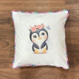 White penguin motif handwoven cotton sublimation printed cushion cover