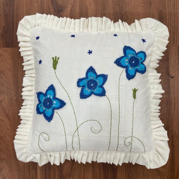 Blue flower and grass crochet handwoven hand embroidered cotton cushion cover
