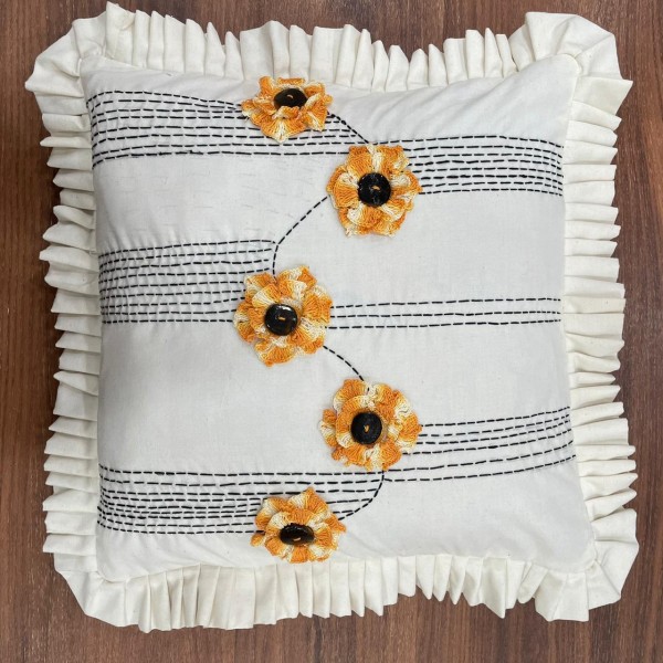 Orange flower and striped crochet handwoven hand embroidered cotton cushion cover