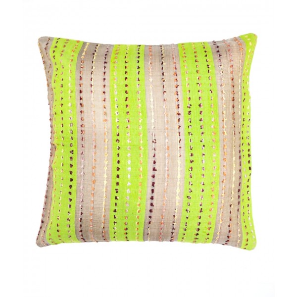 Green & Beige Hand Woven Cushion Cover with Fancy Yarn Details